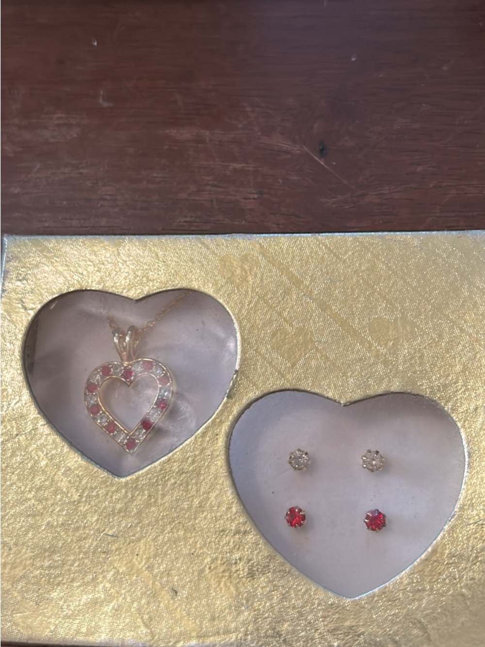 Gold Heart Pendant Necklace and Stud Earring Set with Red and Clear Stones